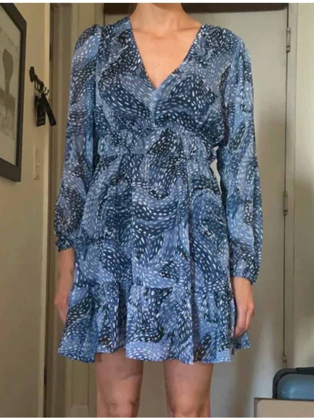 Aqua Blue Printed V-Neck Long Sleeve Mini Dress